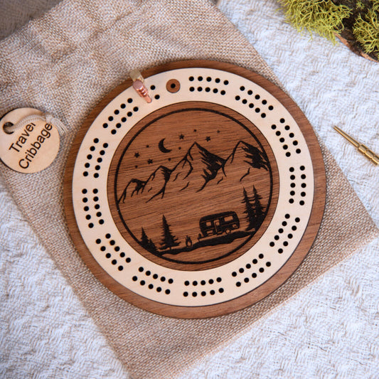 Camping Scene Engraved Mini Circle Cribbage Board