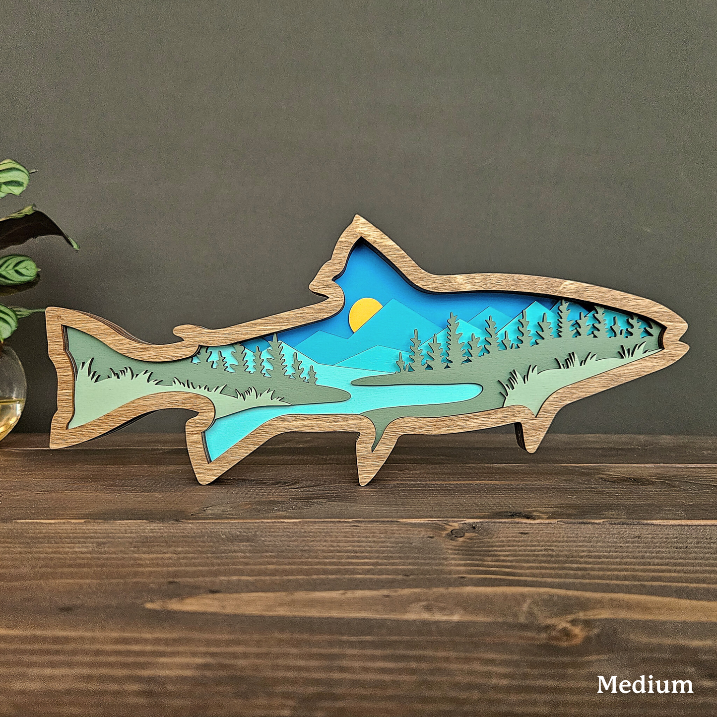 Layered Wood Fish Art With Mountains and Trees