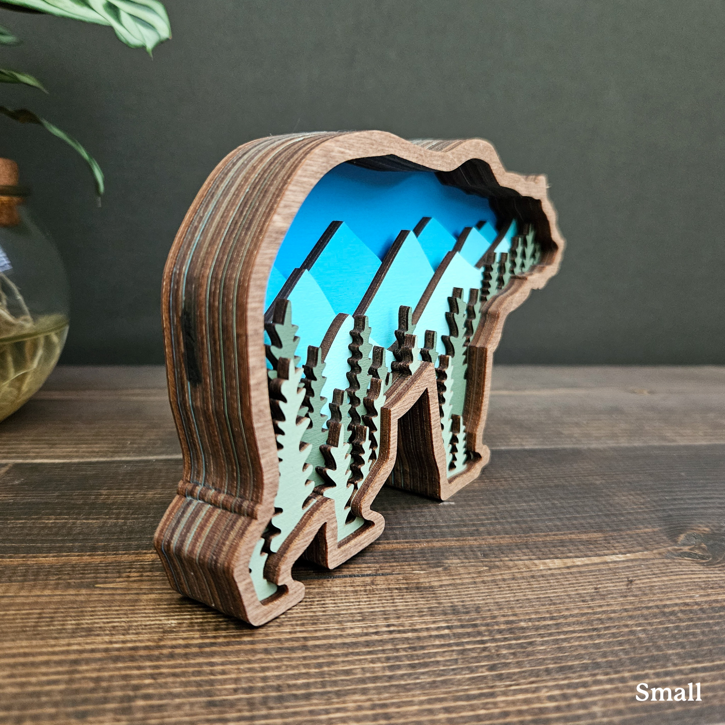 3D Layered Wood Grizzly Bear Art With Mountain and Forest Landscape