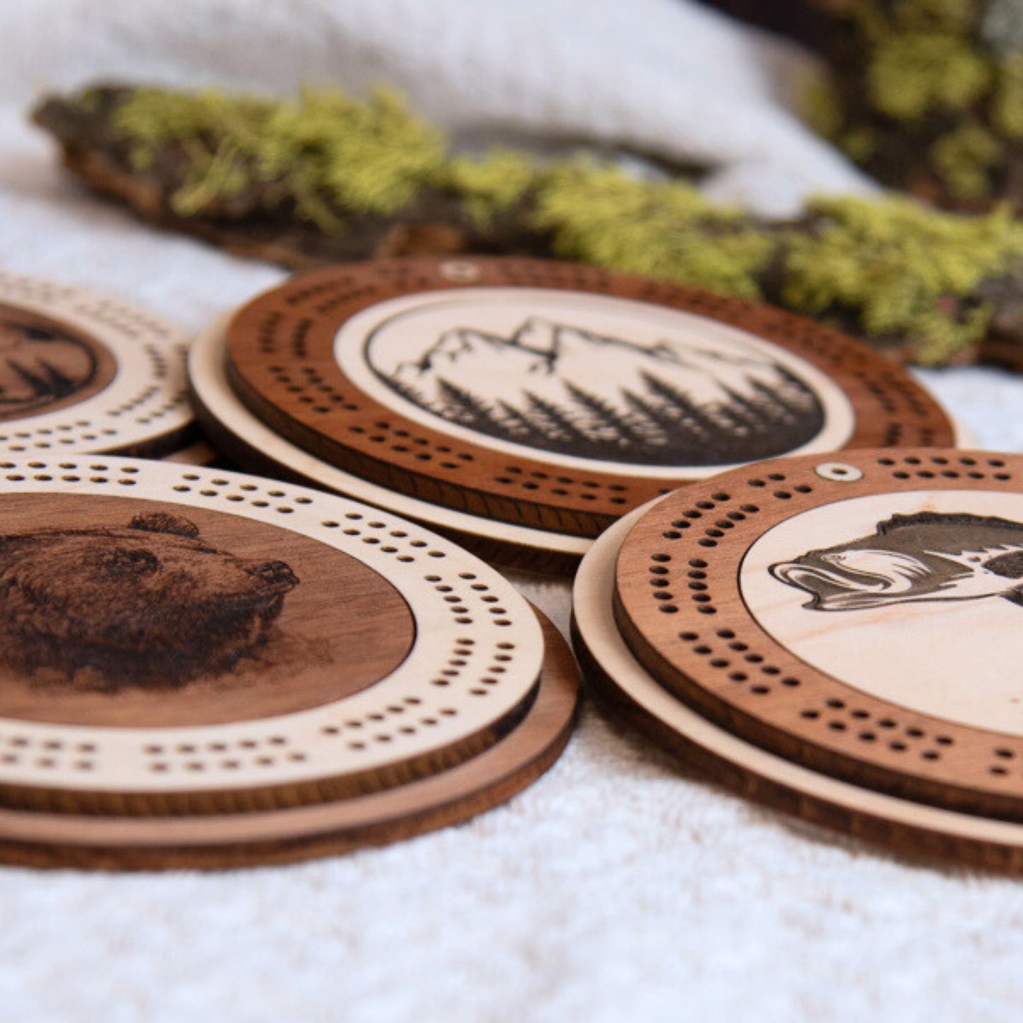 Camping Scene Engraved Mini Circle Cribbage Board