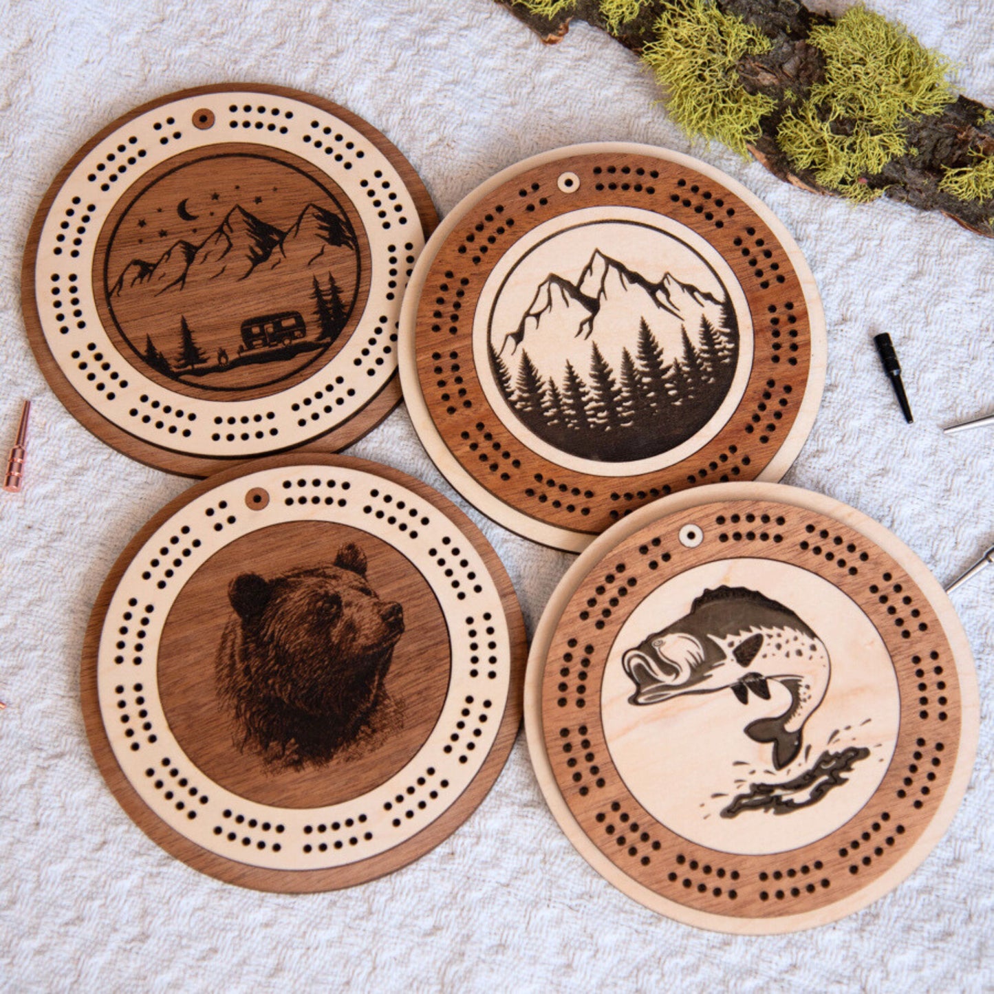 Camping Scene Engraved Mini Circle Cribbage Board