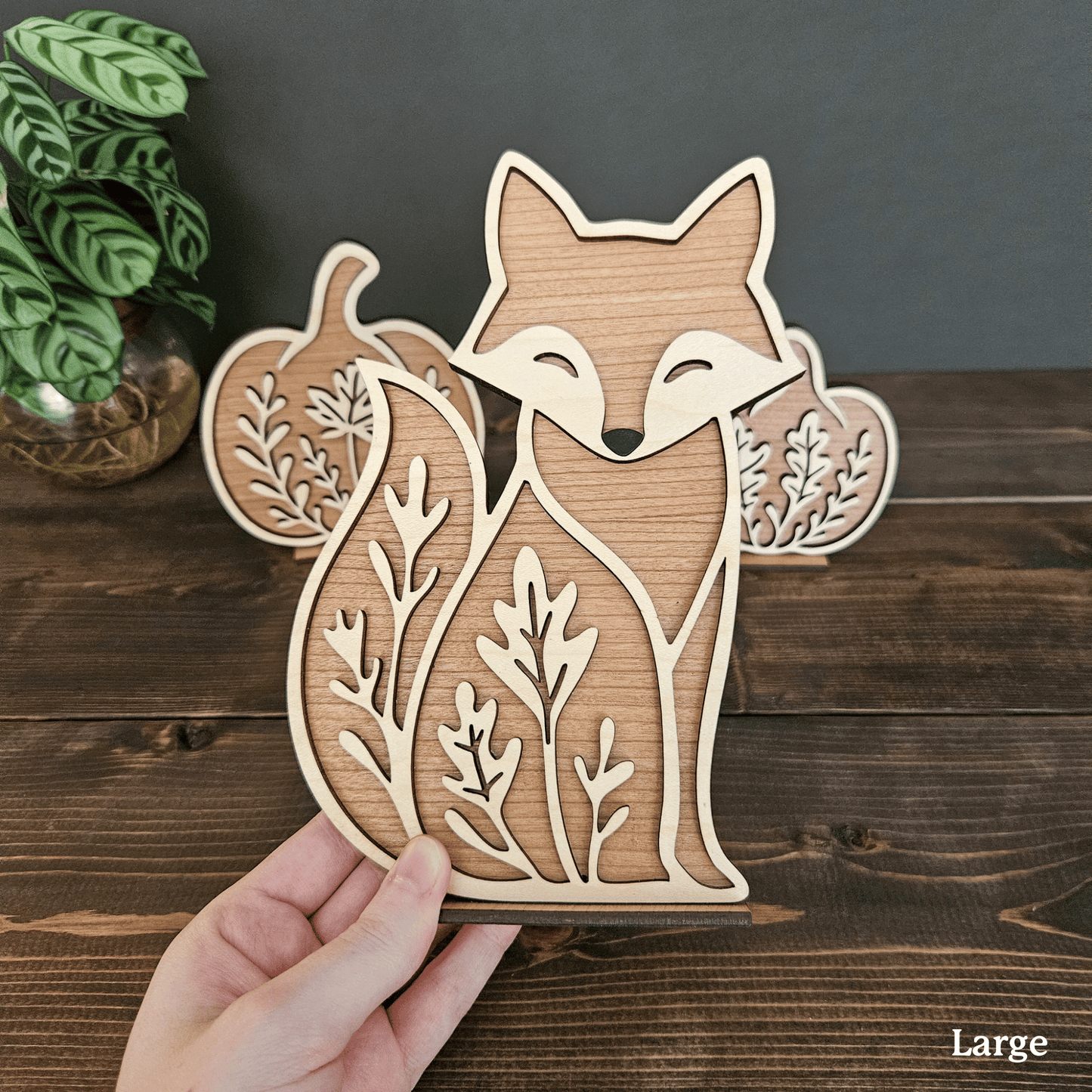 Wooden Fox & Pumpkin Trio – Mini & Large Rustic Woodland Shelf Sitters