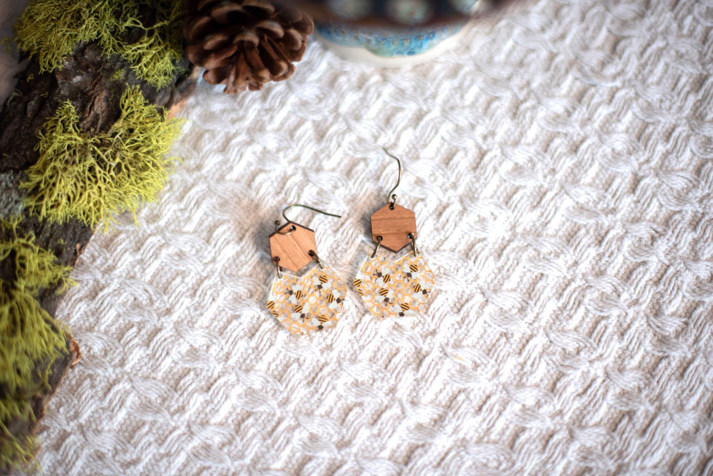 Bees & Honeycomb Acrylic & Wood Hexagon Dangle Earrings