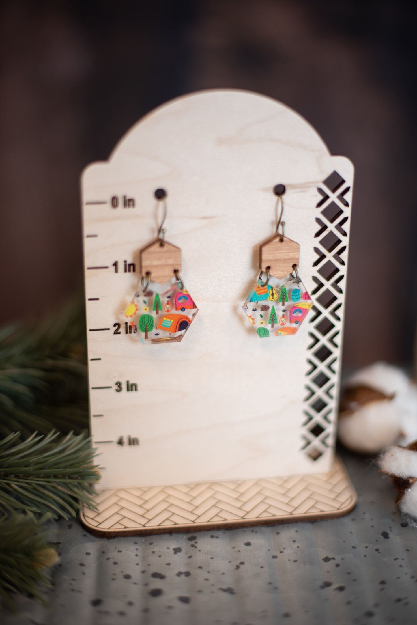 Camping Acrylic & Wood Hexagon Dangle Earrings