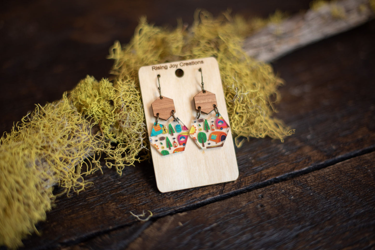 Camping Acrylic & Wood Hexagon Dangle Earrings