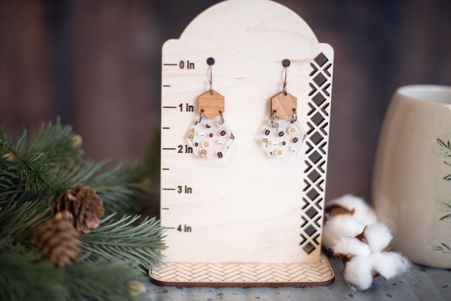 Coffee Pattern Acrylic & Wood Hexagon Dangle Earrings