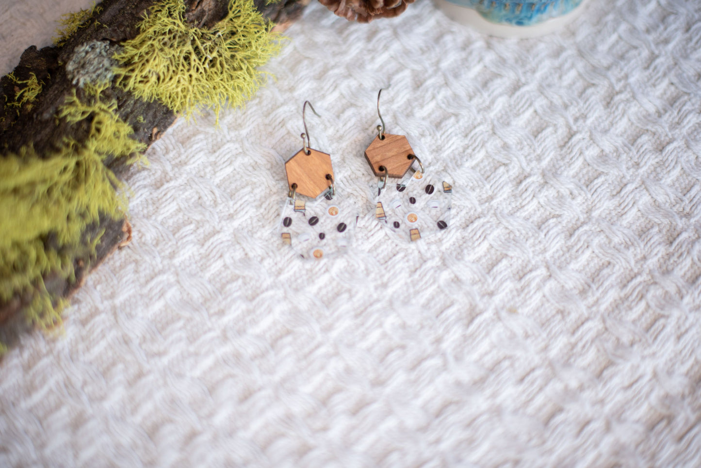 Coffee Pattern Acrylic & Wood Hexagon Dangle Earrings
