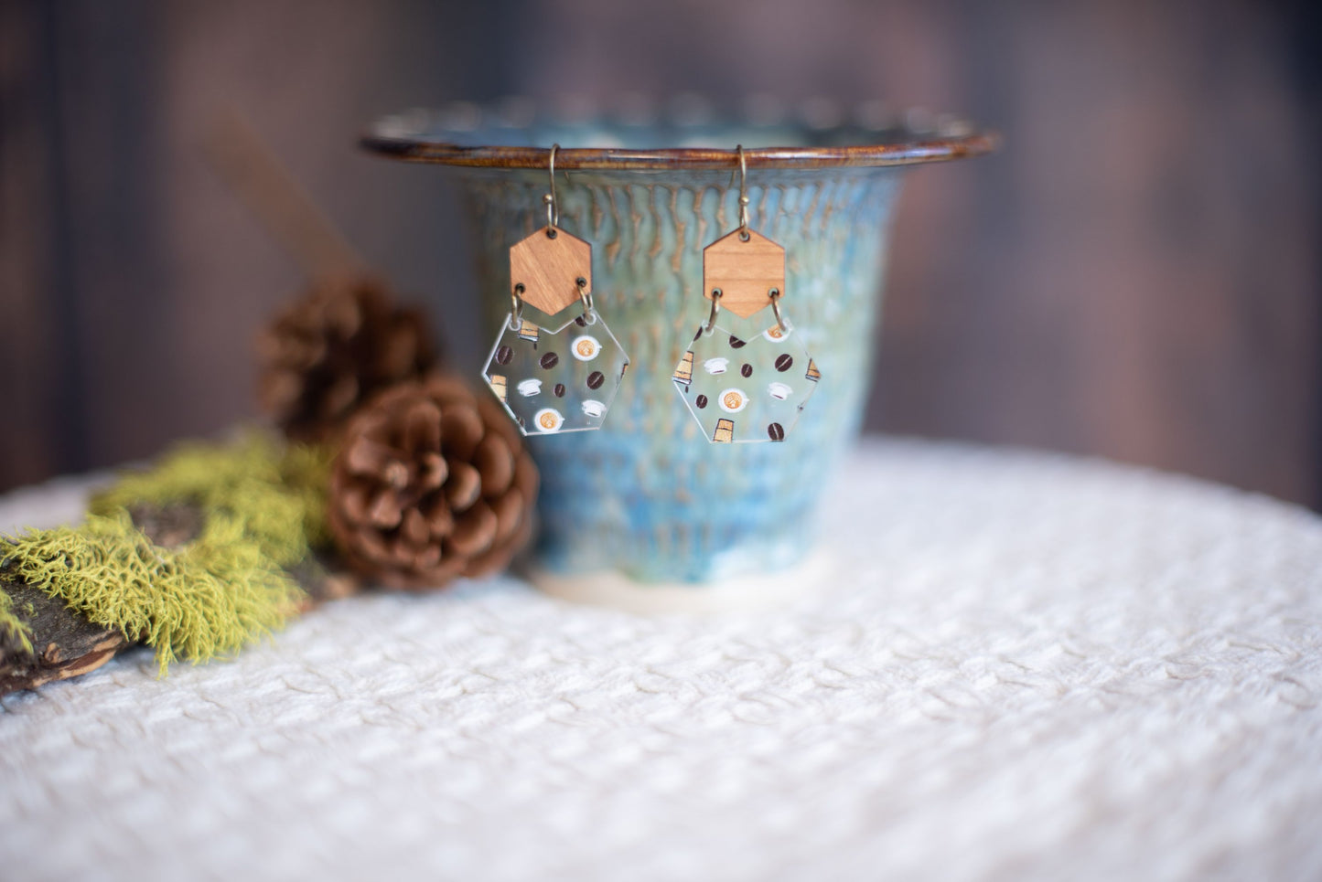 Coffee Pattern Acrylic & Wood Hexagon Dangle Earrings