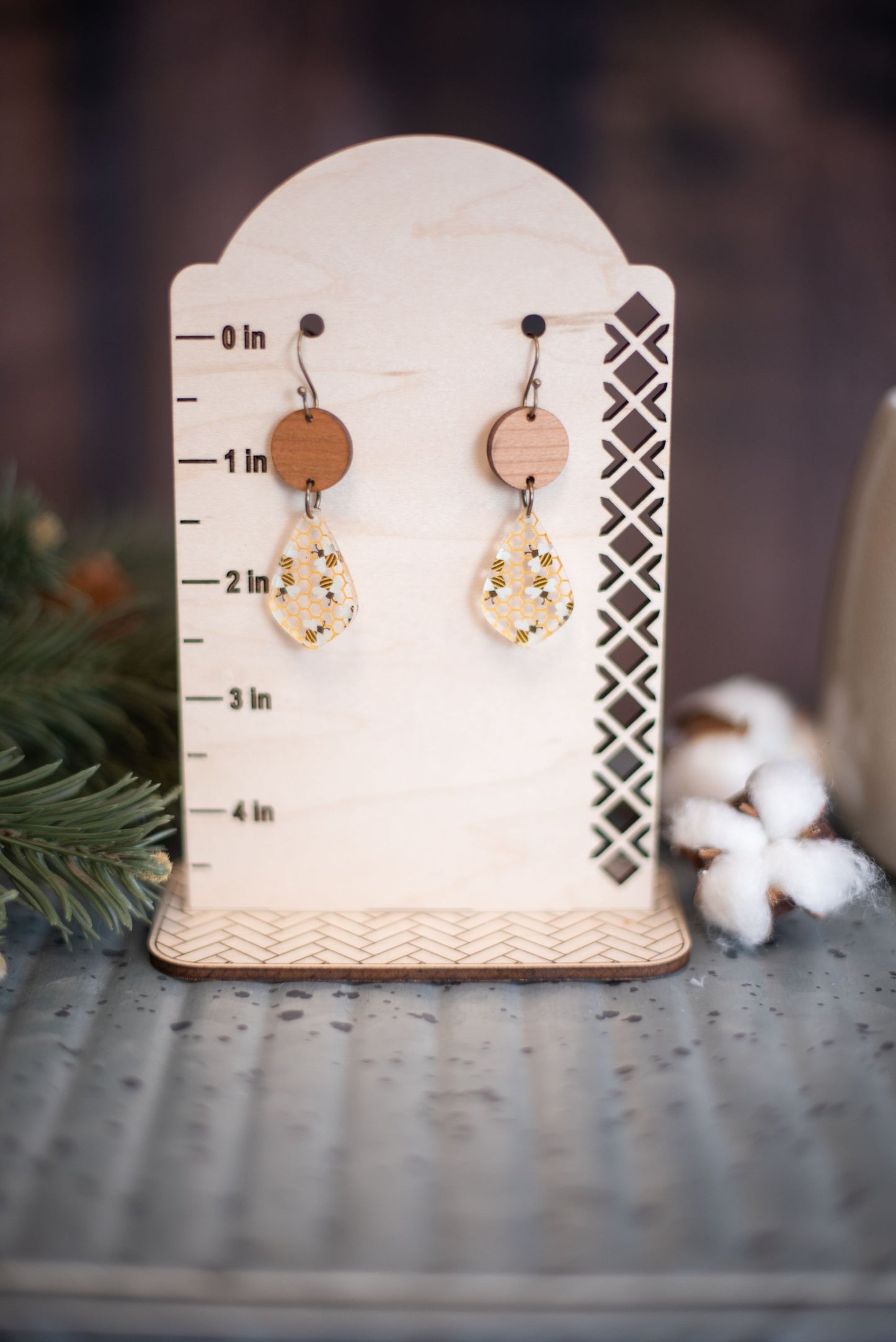 Bees & Honeycomb Pattern Acrylic & Wood Teardrop Dangle Earrings