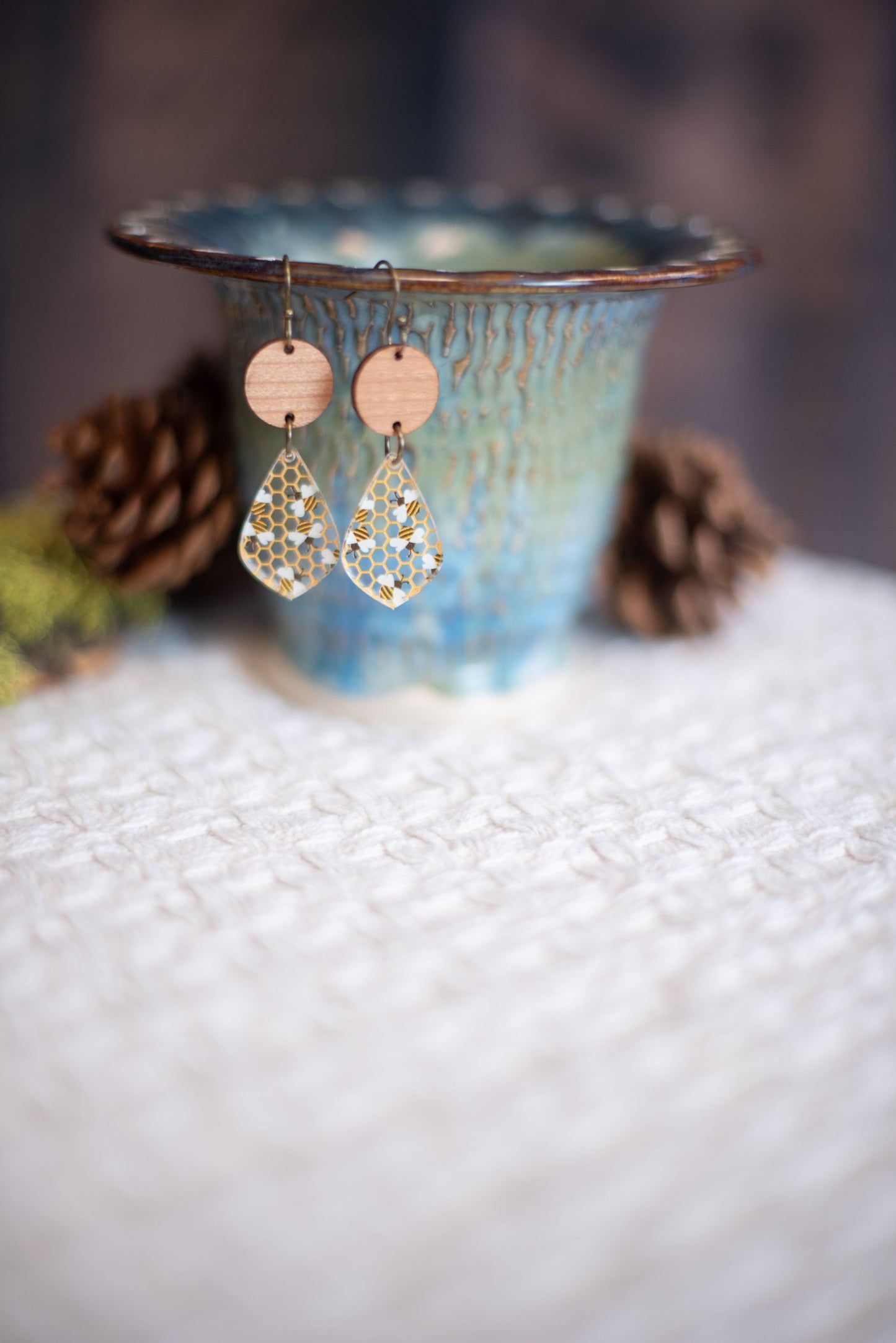 Bees & Honeycomb Pattern Acrylic & Wood Teardrop Dangle Earrings