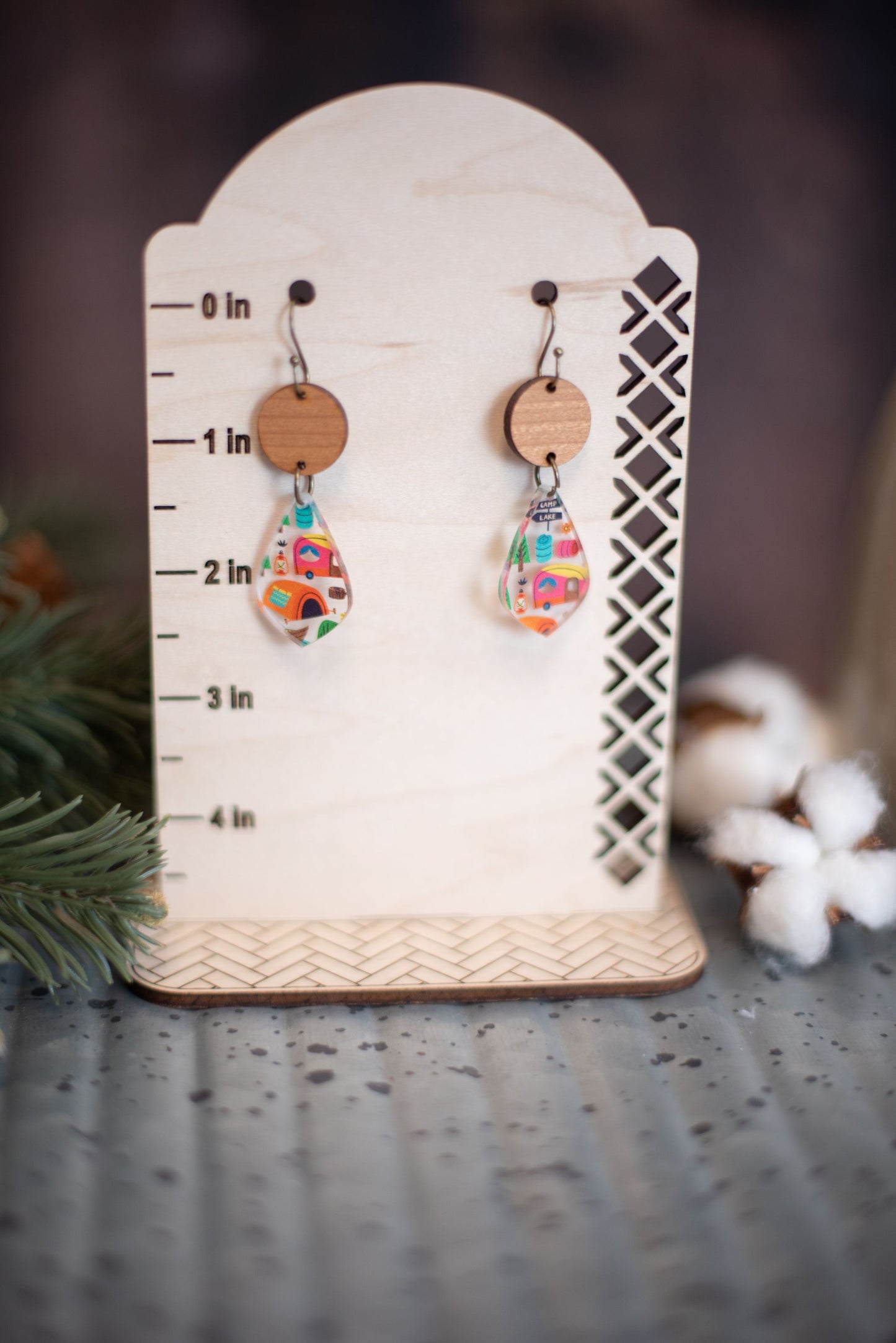 Camping Pattern Acrylic & Wood Teardrop Dangle Earrings