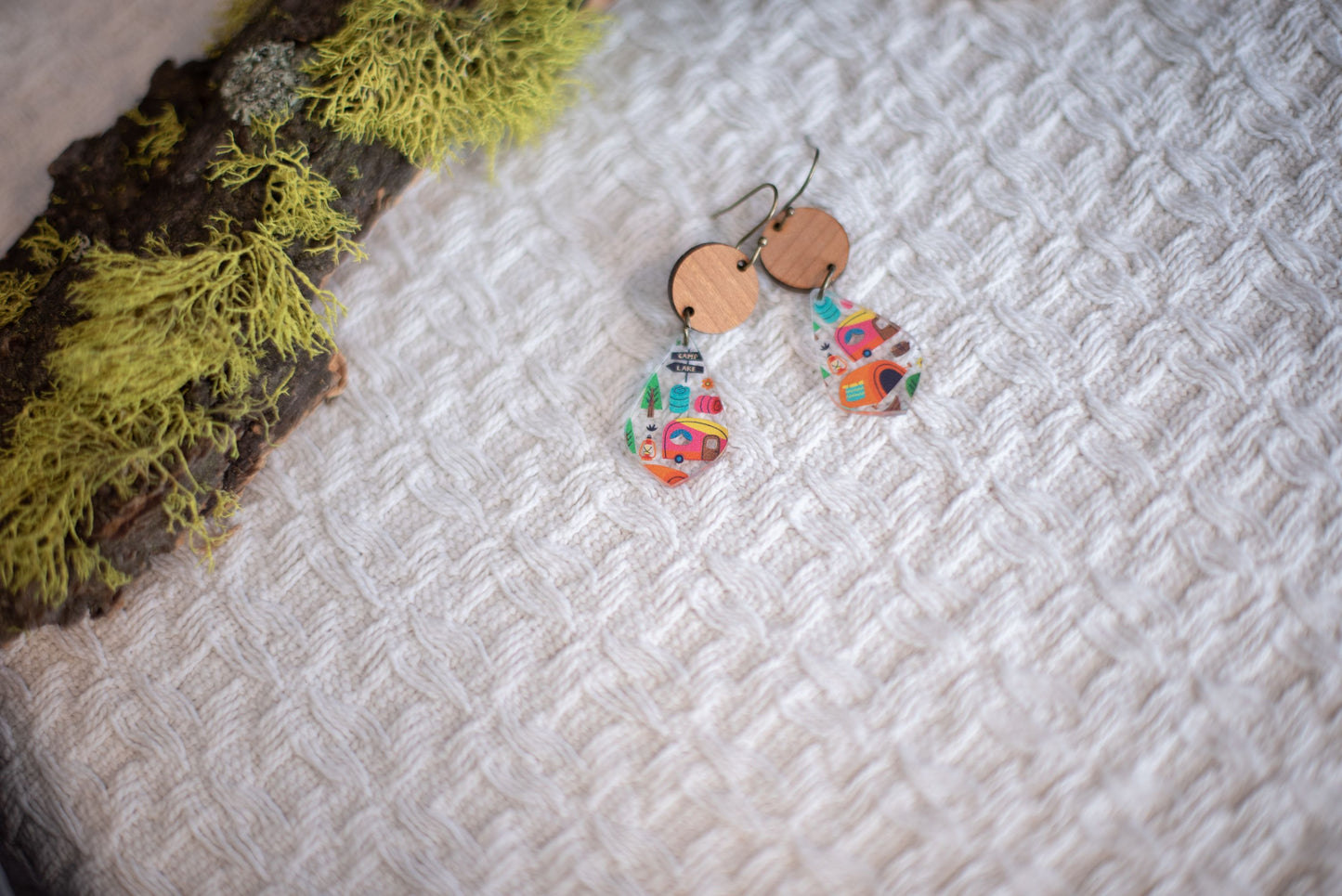 Camping Pattern Acrylic & Wood Teardrop Dangle Earrings