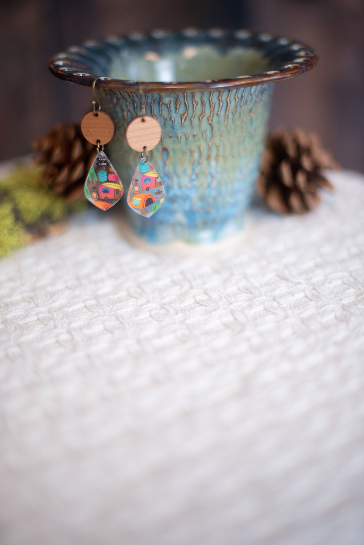Camping Pattern Acrylic & Wood Teardrop Dangle Earrings