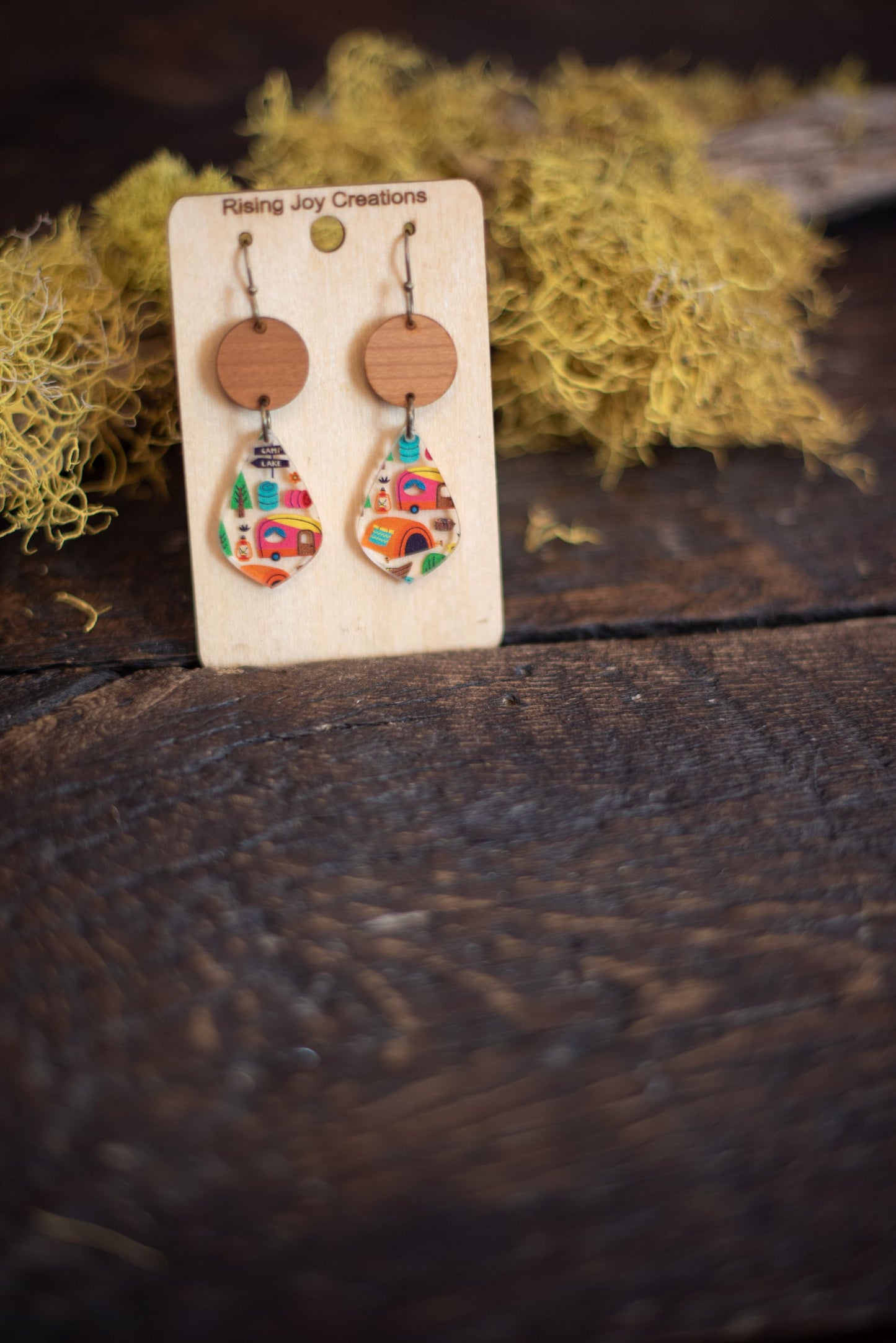 Camping Pattern Acrylic & Wood Teardrop Dangle Earrings