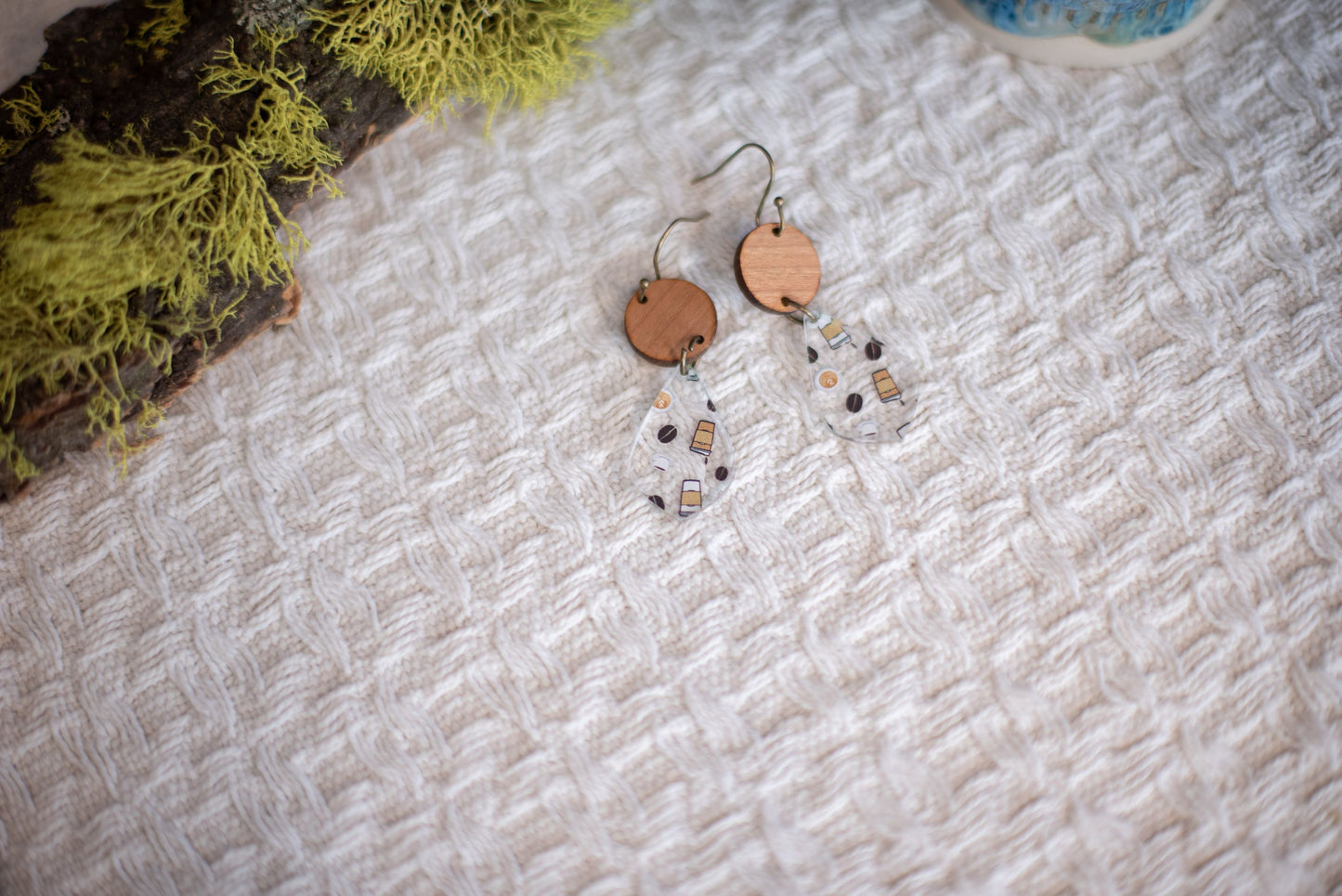 Coffee Pattern Acrylic & Wood Teardrop Dangle Earrings