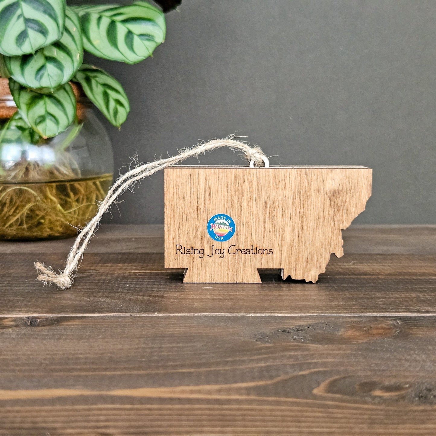 Wooden ornament shaped like a state with 'Rising Joy Creations' branding on a wooden surface.