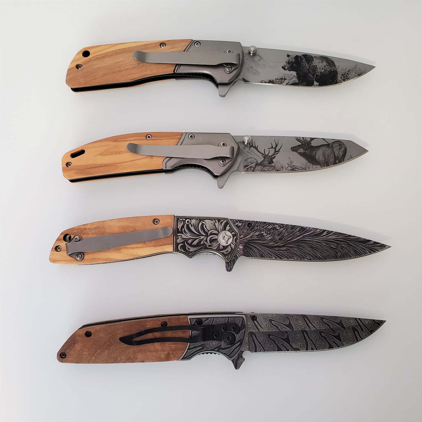 Personalized Steel Engraved Blade Knife, Bear, Elk, Feather, Oil (Damascus)