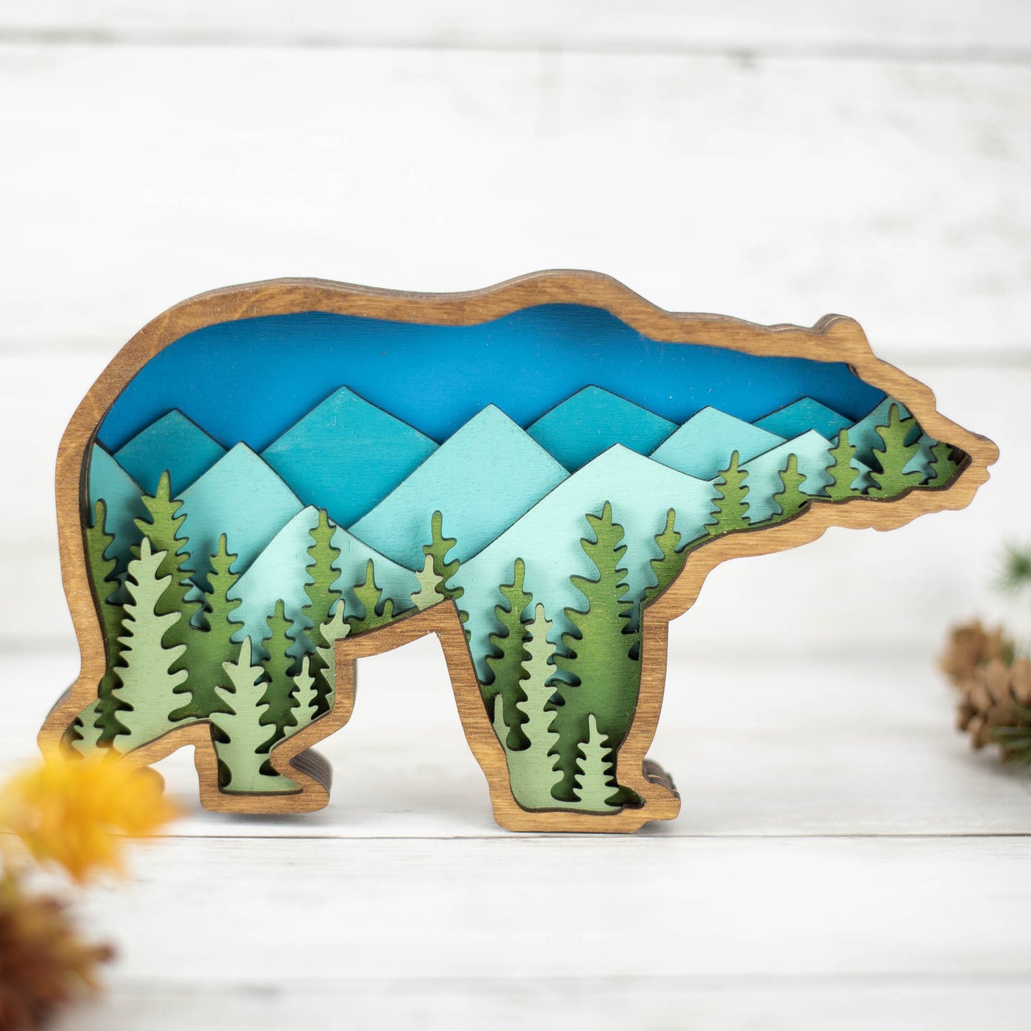 Layered Bear Wall Art with Mountains and Trees