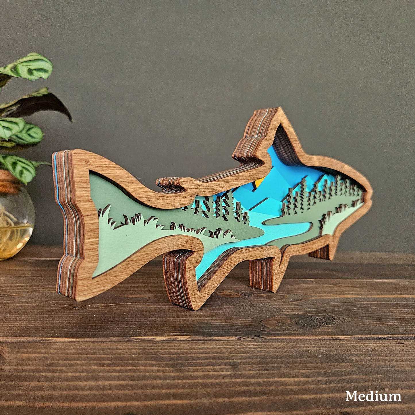 Layered Wood Fish Art With Mountains and Trees