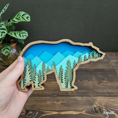 3D Layered Wood Grizzly Bear Art With Mountain and Forest Landscape