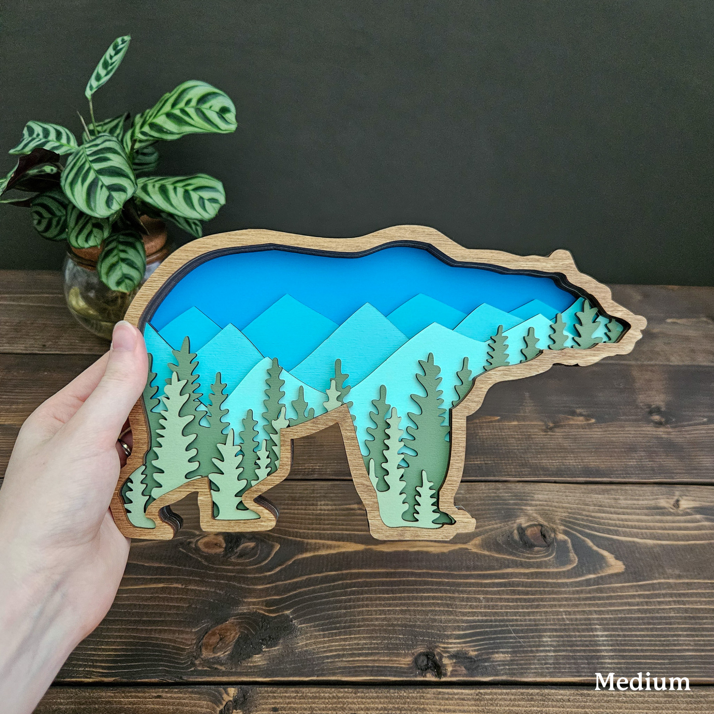 3D Layered Wood Grizzly Bear Art With Mountain and Forest Landscape