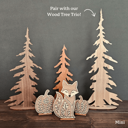 Wooden Fox & Pumpkin Trio – Mini & Large Rustic Woodland Shelf Sitters