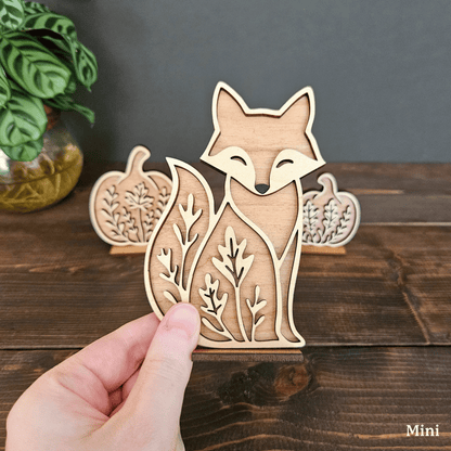 Wooden Fox & Pumpkin Trio – Mini & Large Rustic Woodland Shelf Sitters