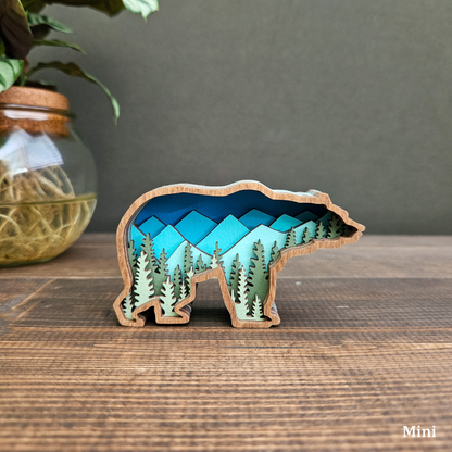 3D Layered Wood Grizzly Bear Art With Mountain and Forest Landscape