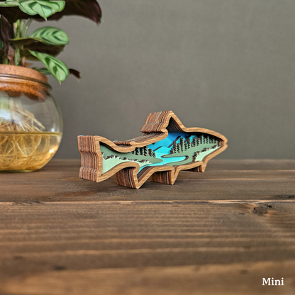Layered Wood Fish Art With Mountains and Trees