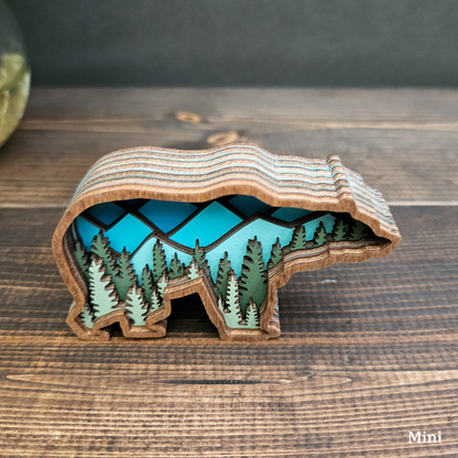 3D Layered Wood Grizzly Bear Art With Mountain and Forest Landscape