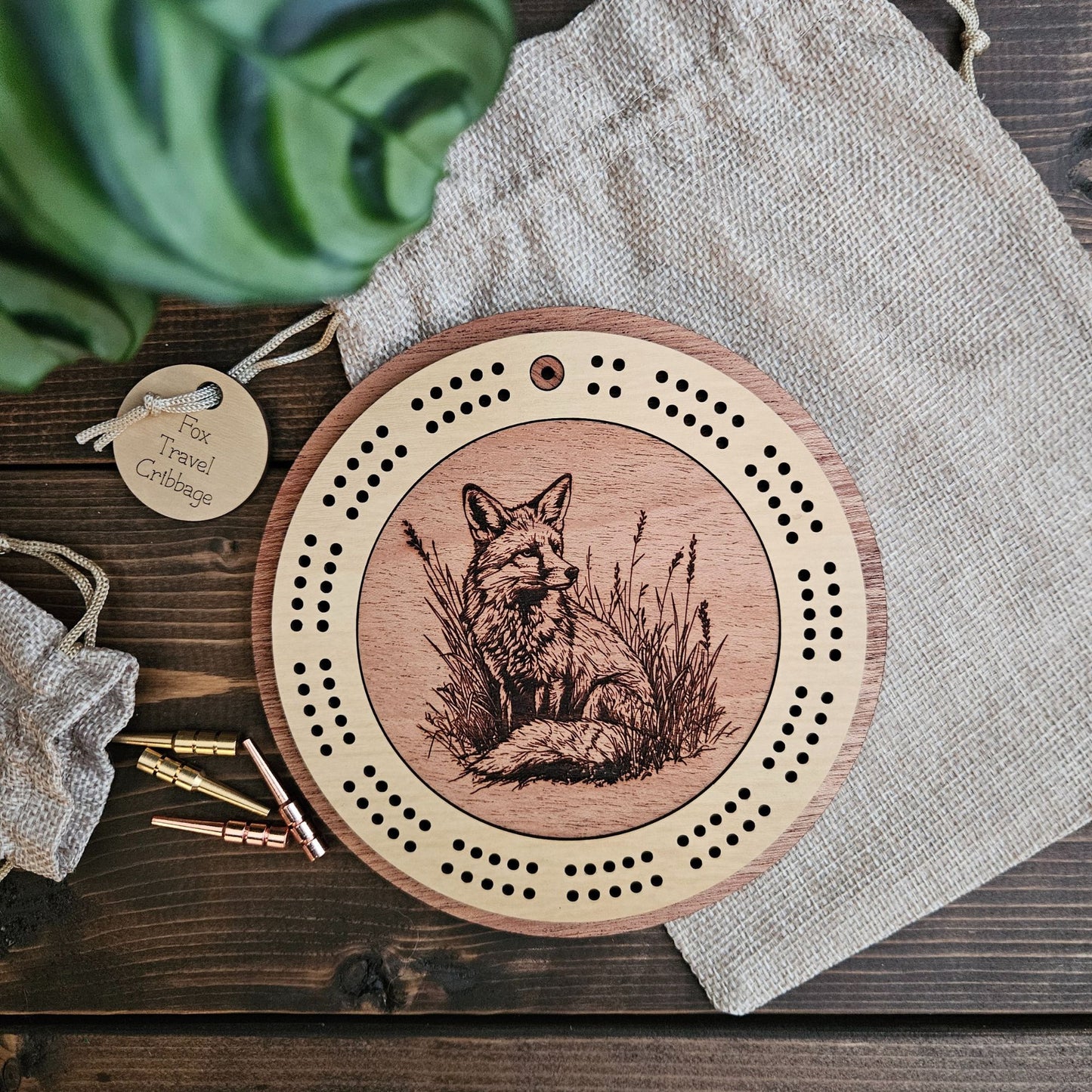 Fox Engraved Mini Circle Travel Cribbage Board