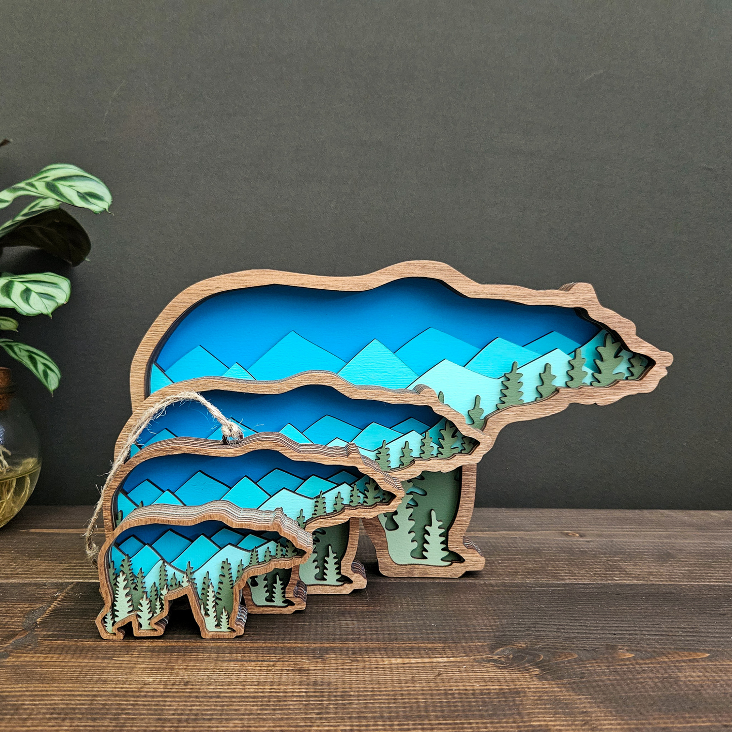 3D Layered Wood Grizzly Bear Art With Mountain and Forest Landscape