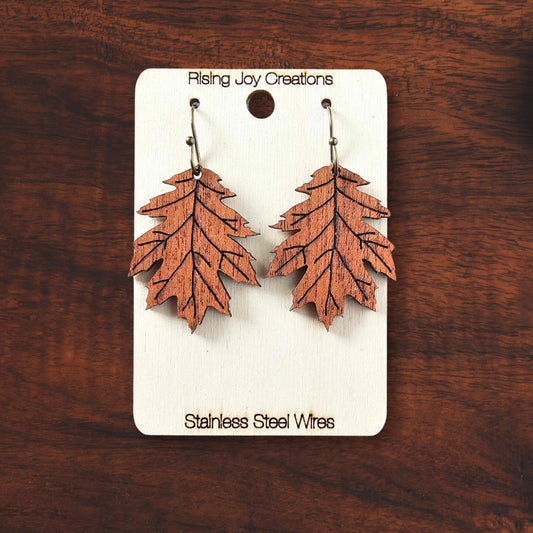 Sapele Wood Red Oak Leaf Fall Dangle Earrings
