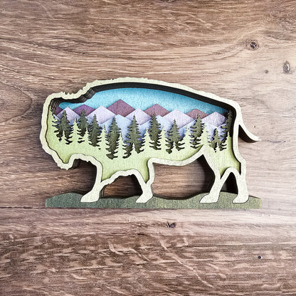 Layered Bison Art Shimmer Colors with Mountains and Trees