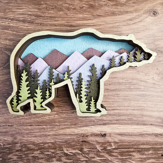 Layered Bear Art Shimmer Colors with Mountains and Trees