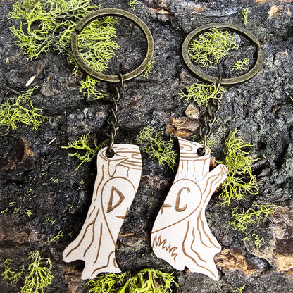 Valentine's Day Gift: Couples' Initials Carved in Tree Matching Keychains