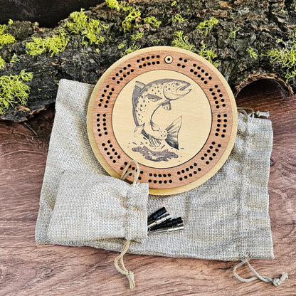 Trout Fish Engraved Mini Circle Travel Cribbage Board