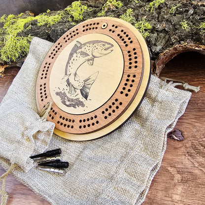 Trout Fish Engraved Mini Circle Travel Cribbage Board