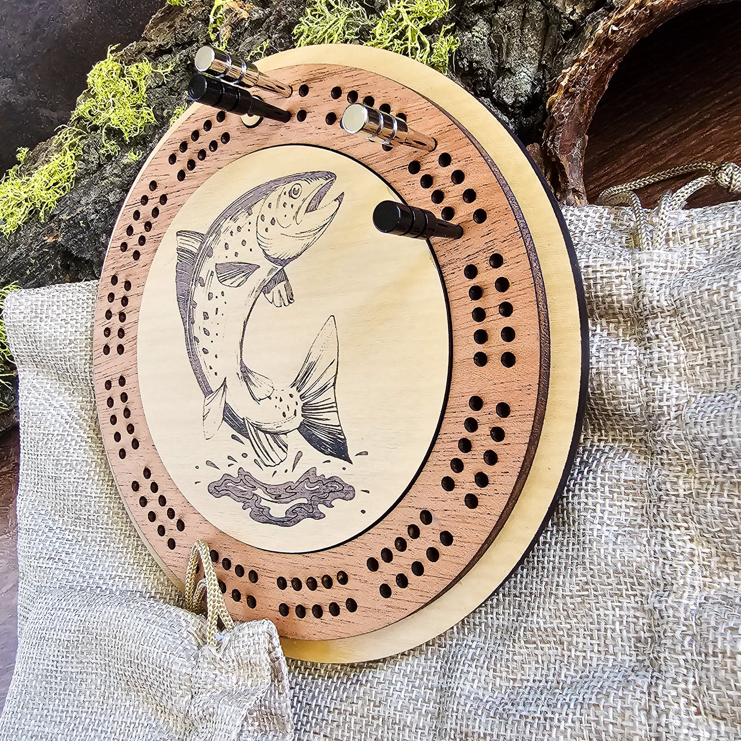 Trout Fish Engraved Mini Circle Travel Cribbage Board