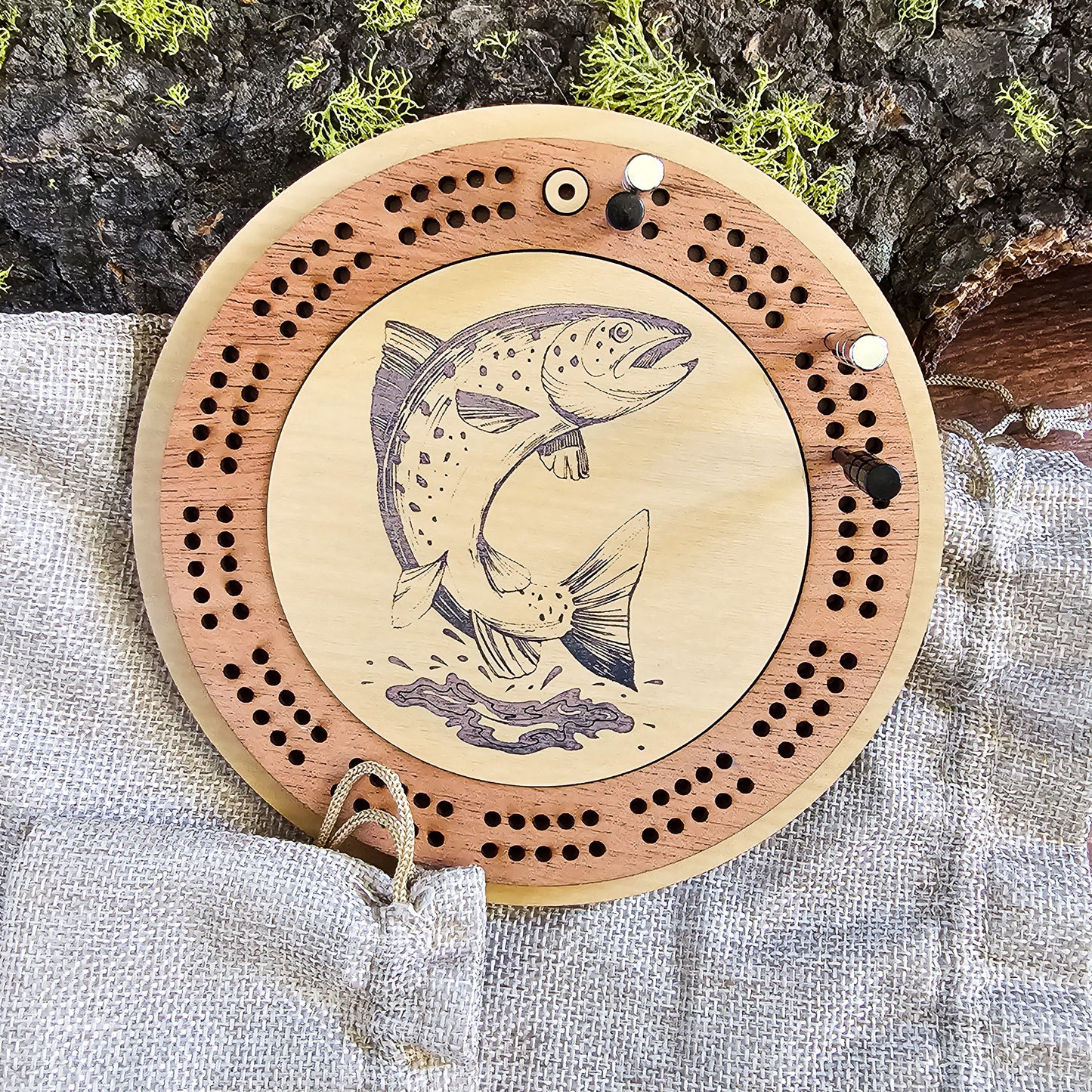 Trout Fish Engraved Mini Circle Travel Cribbage Board