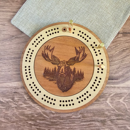Moose Engraved Mini Circle Travel Cribbage Board