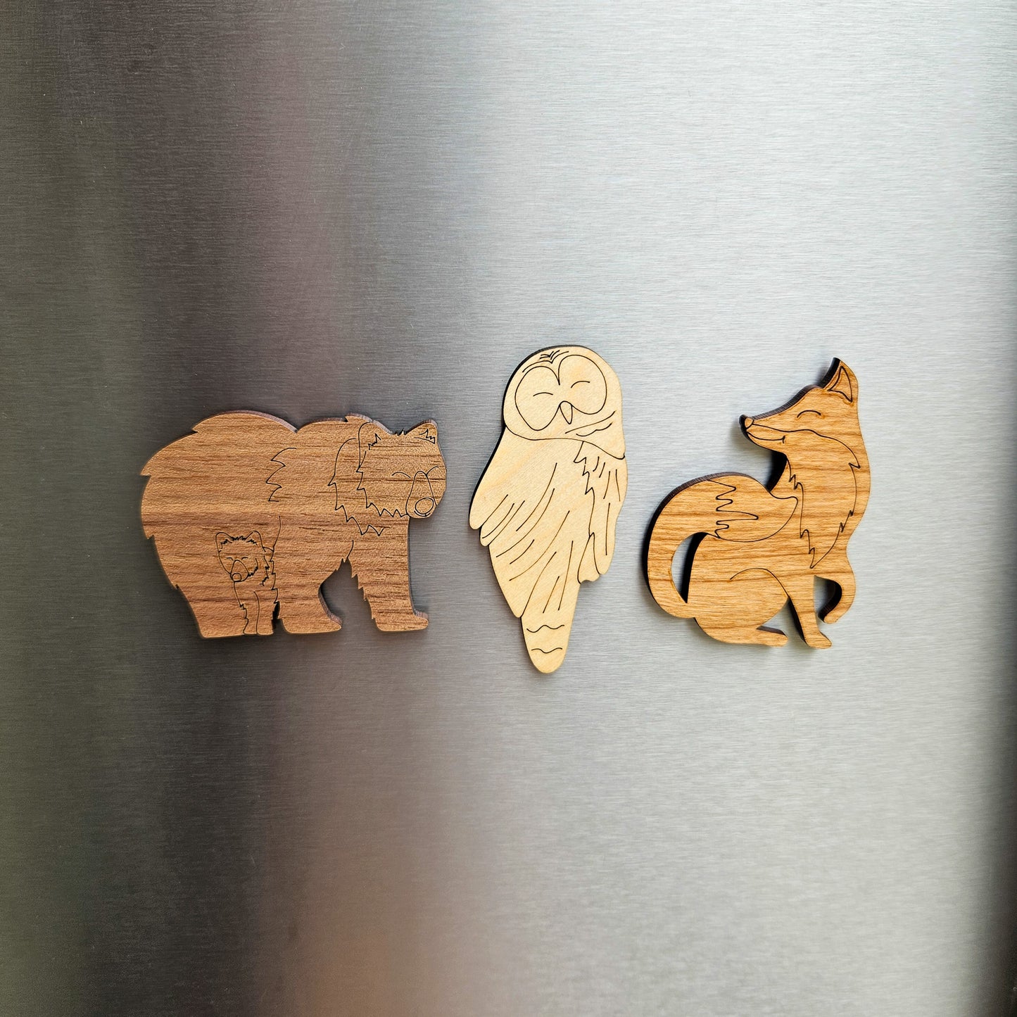 Wooden Animal Magnets Set - Bear, Owl, and Fox