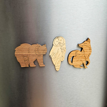 Wooden Animal Magnets Set - Bear, Owl, and Fox