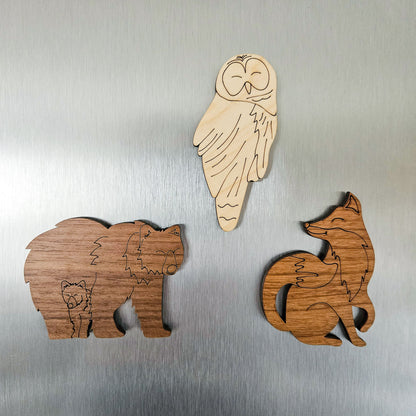 Wooden Animal Magnets Set - Bear, Owl, and Fox