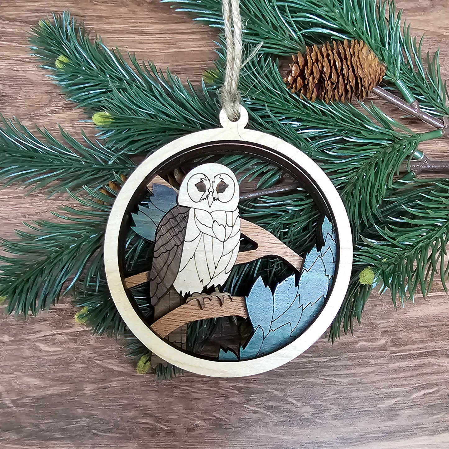 Wood Quilt Owl Ornament-Natural