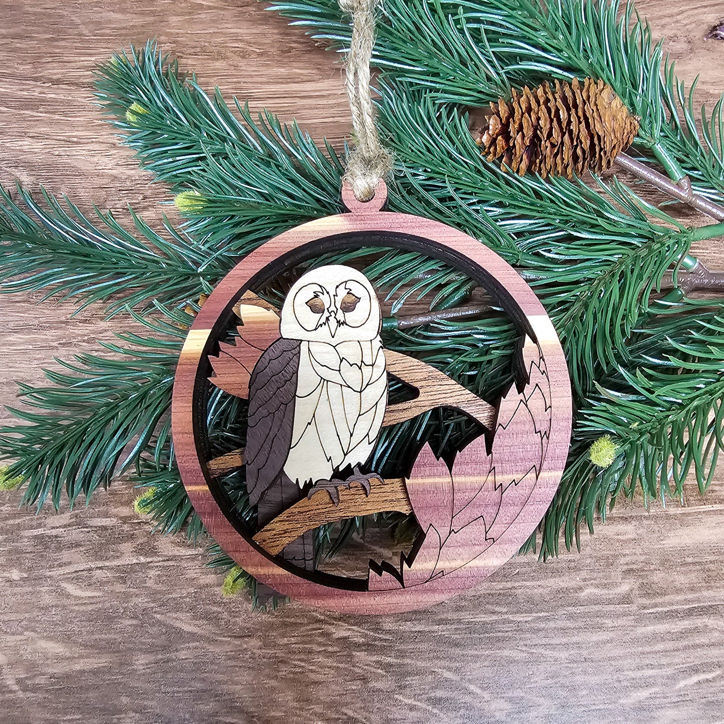 Wood Quilt Owl Ornament-Natural