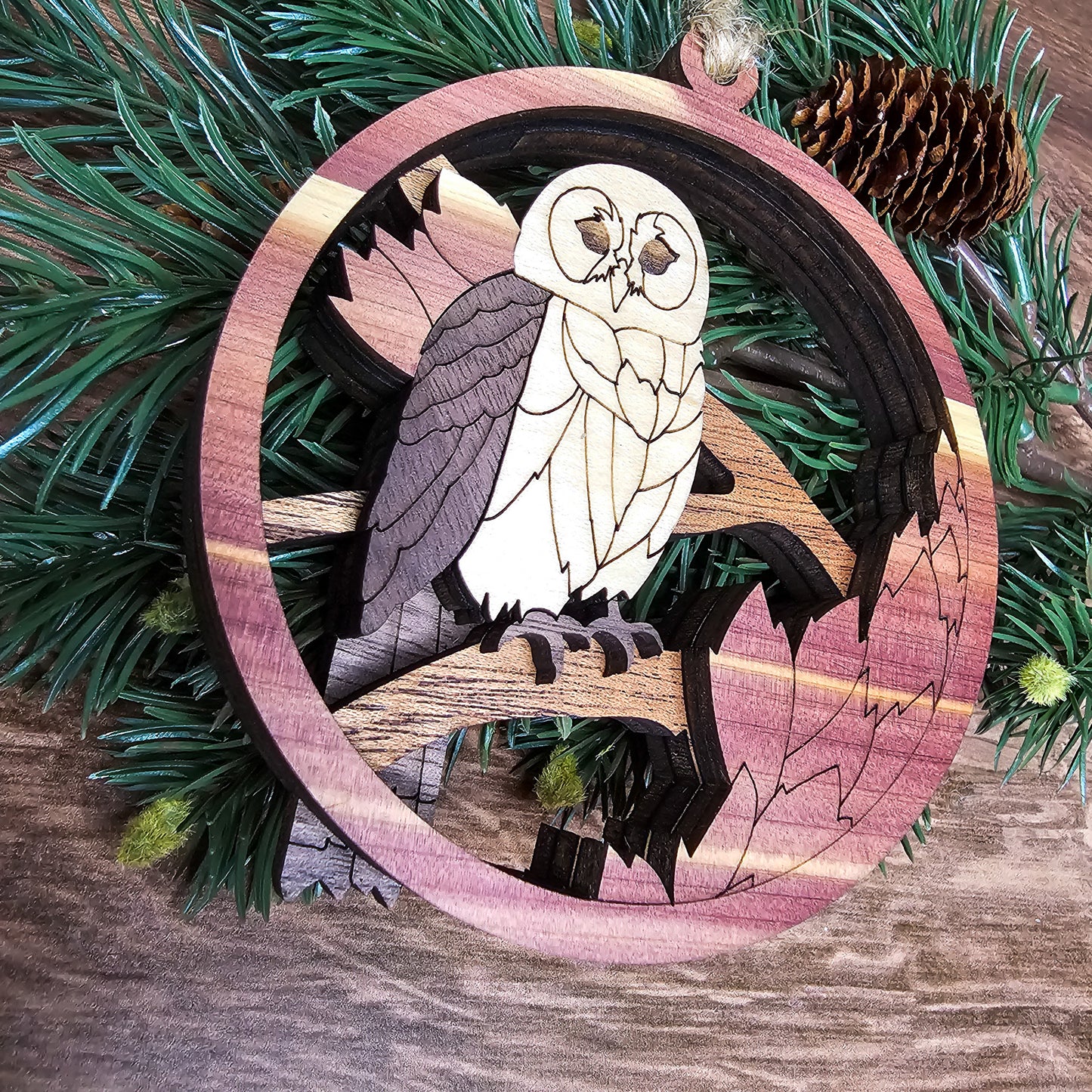 Wood Quilt Owl Ornament-Natural