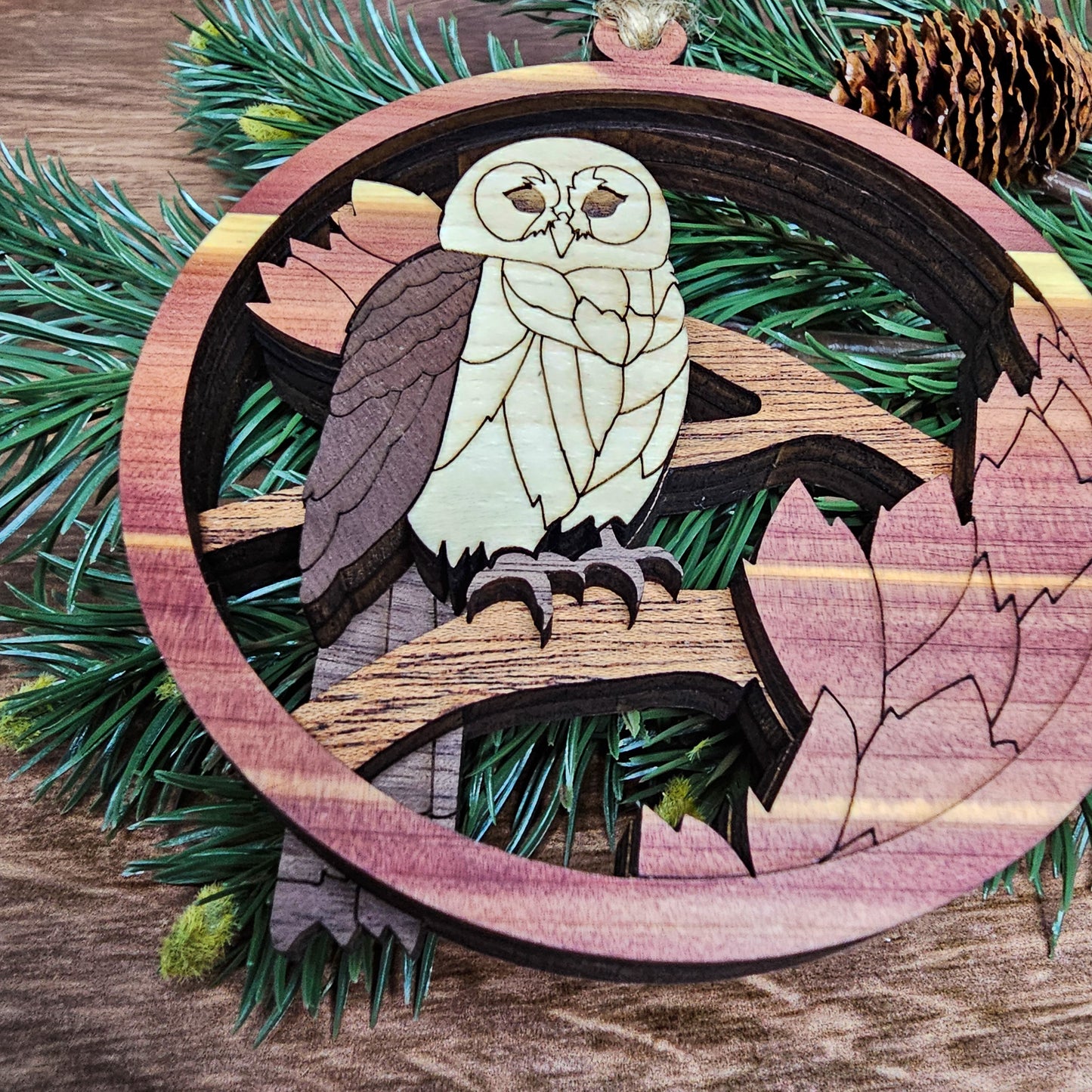 Wood Quilt Owl Ornament-Natural