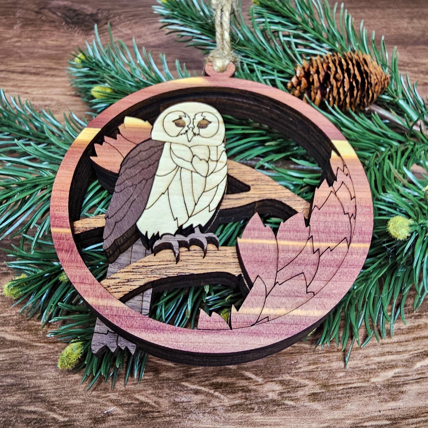 Wood Quilt Owl Ornament-Natural