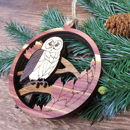 Wood Quilt Owl Ornament-Natural